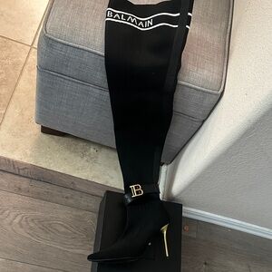 Balmain Over the Knee Black Boots with Gold Heel